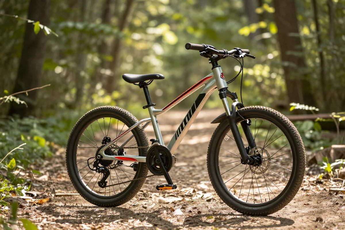 Rower górski dla dzieci na leśnym szlaku, z lekką ramą i 20-calowymi kołami.