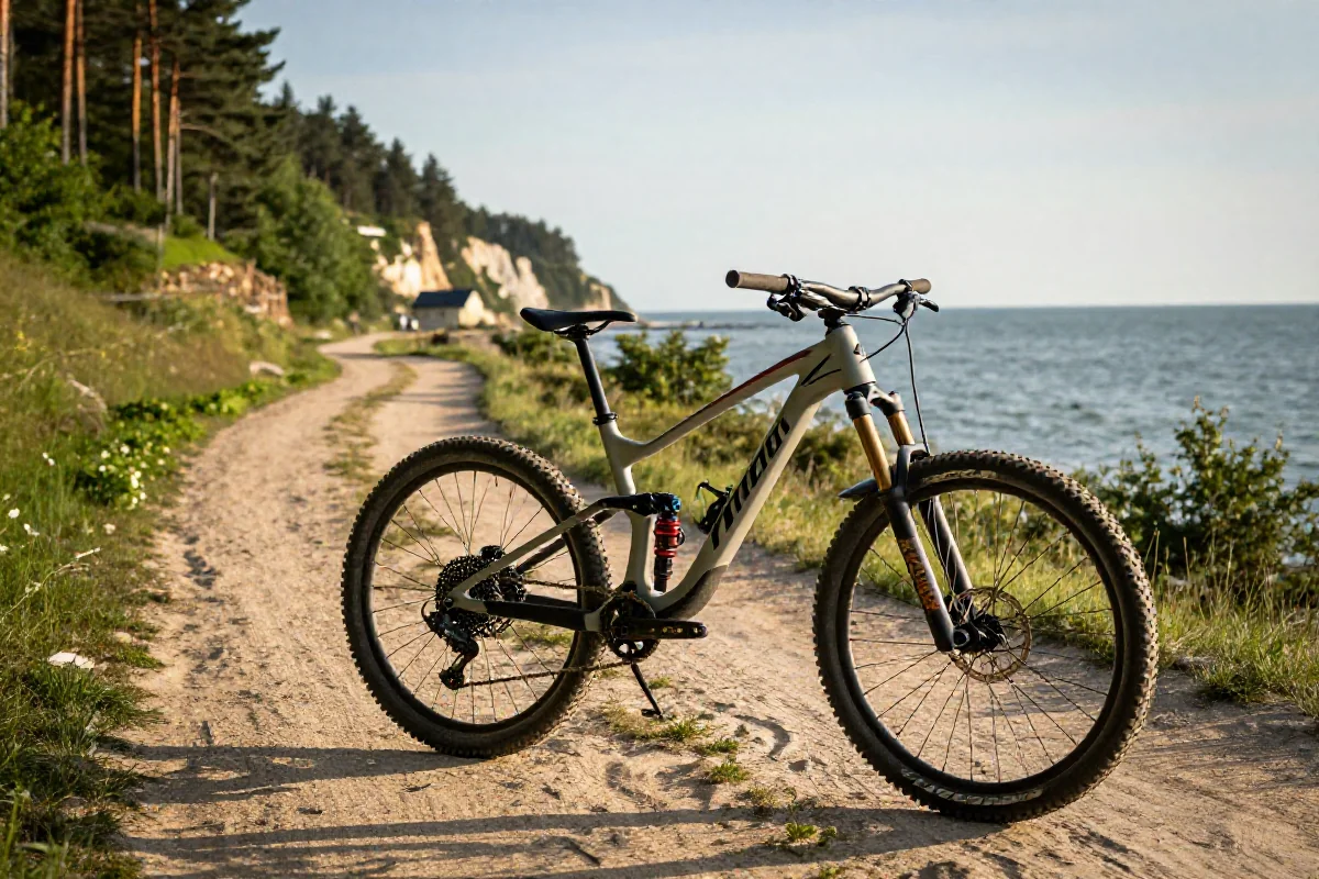 Górski rower na trasie MTB w Pomorzu, nadmorskie widoki i lasy sosnowe.