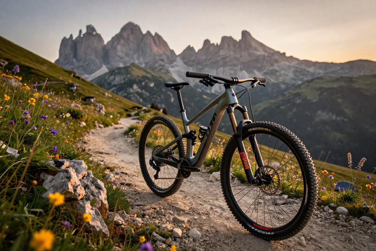 Rower górski na tle Dolomitów, idealna trasa MTB w pięknym krajobrazie.