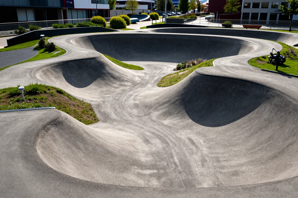 Pump track w mieście, idealny do treningu na rowerach MTB i BMX.