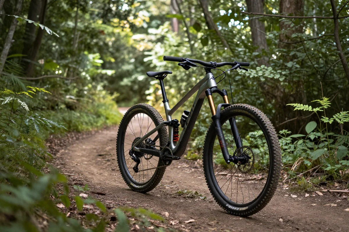 Rower górski na trasie w parku narodowym, otoczony zielenią i słońcem.