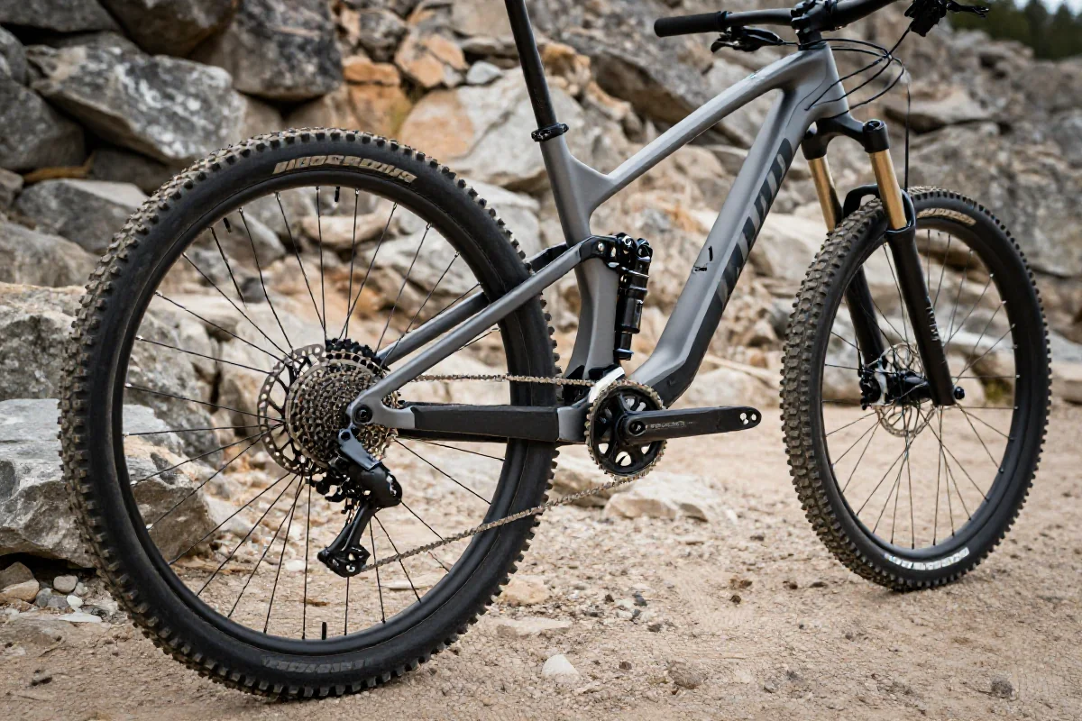 Rower górski typu Mullet z różnymi rozmiarami kół na trudnym terenie.