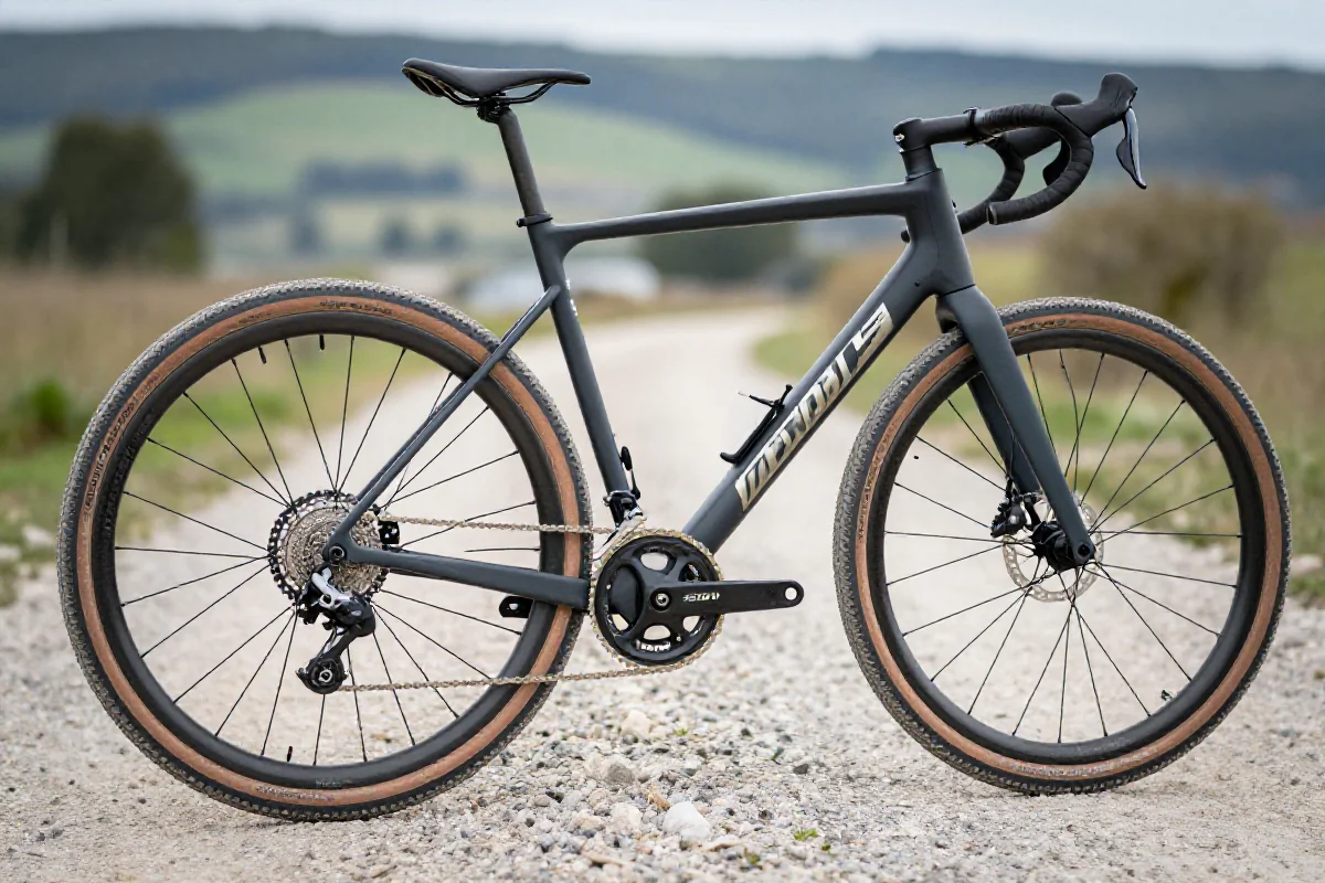 Rower e-gravel z konfiguracją mullet setup, różne rozmiary kół na szutrowej drodze.