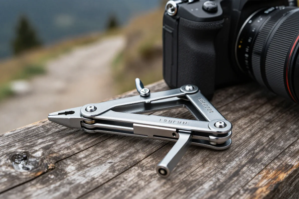 Wielofunkcyjny zestaw narzędzi rowerowych MTB na drewnianym tle