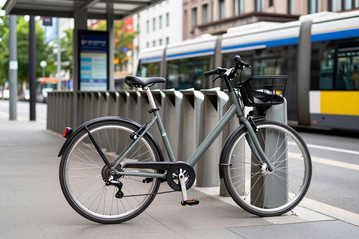 Rower miejskie na stacji bike-sharing obok przystanku komunikacji publicznej.