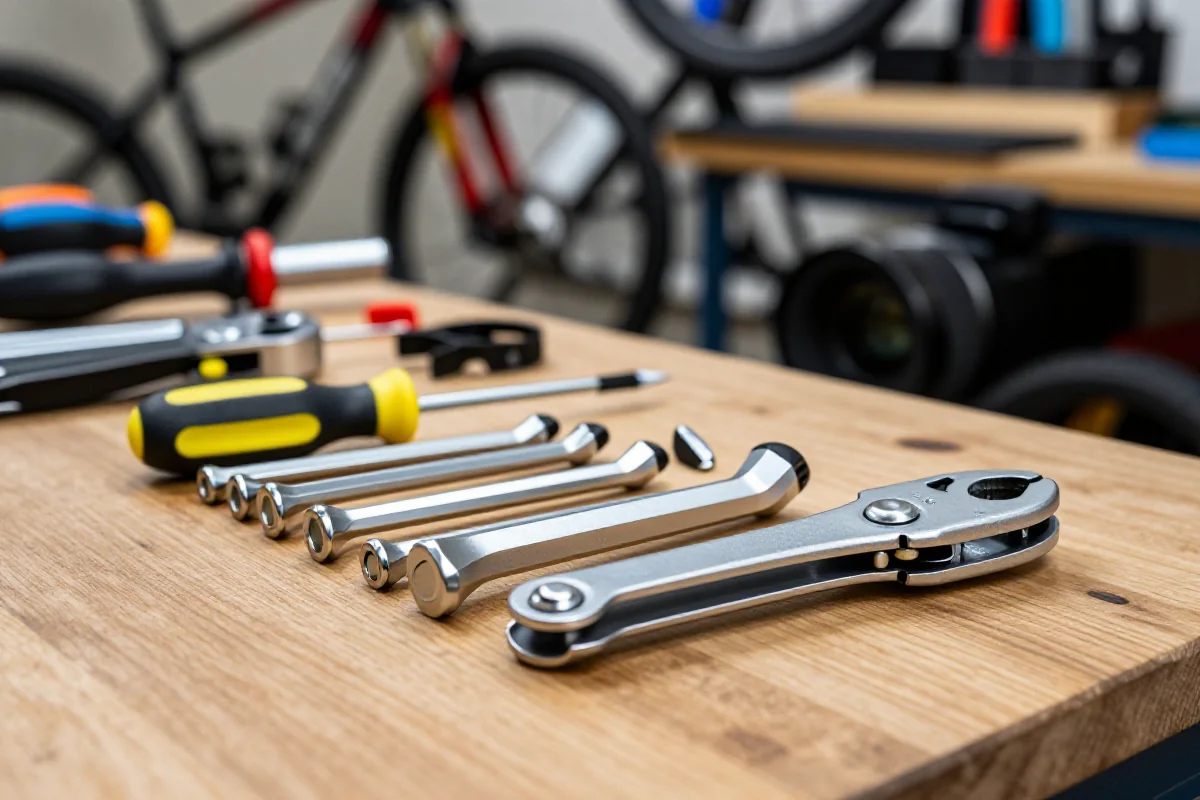 Multitool rowerowy na drewnianym stole w warsztacie rowerowym.