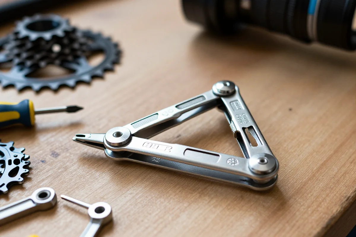 Wielofunkcyjne narzędzie do rowerów na drewnianym blacie roboczym.