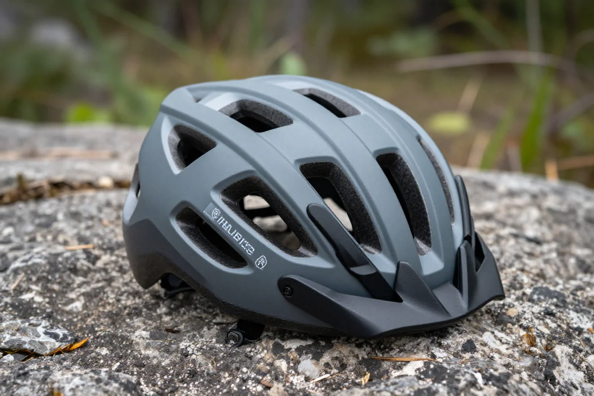 Wysokiej jakości kask górski na tle naturalnego terenu rowerowego.