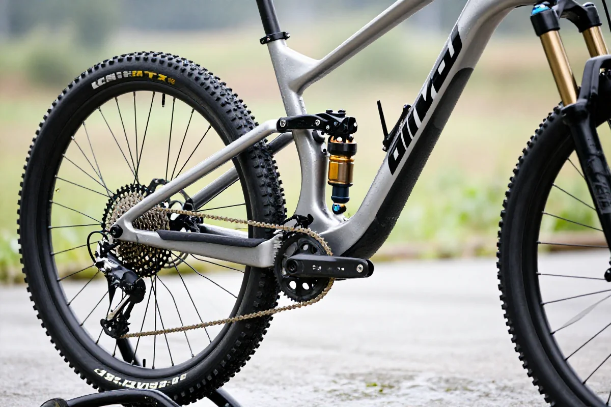 Czyszczenie roweru górskiego na stojaku serwisowym, z widocznymi komponentami.