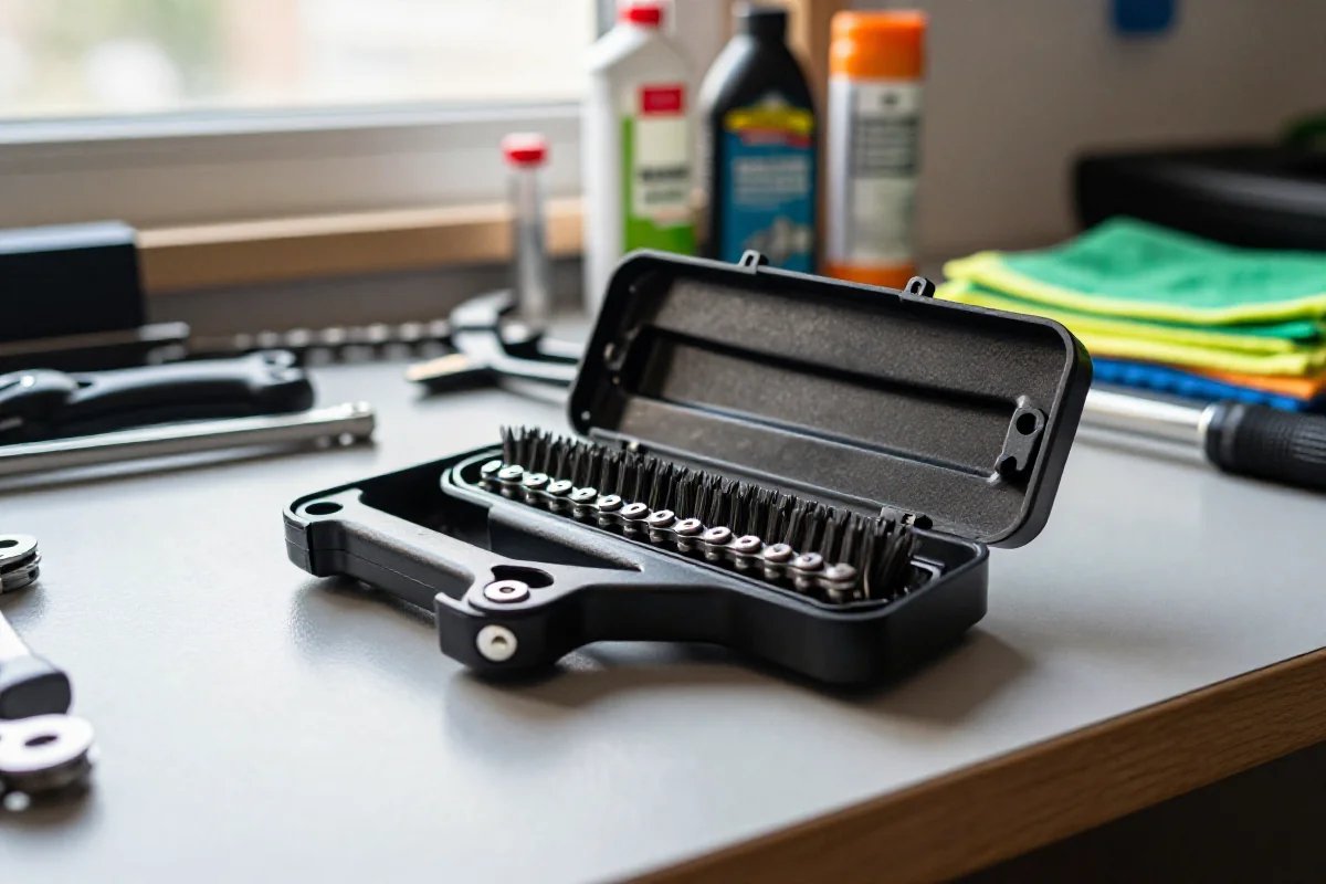 Myjka do łańcucha na stole warsztatowym, z częściowo włożonym łańcuchem.