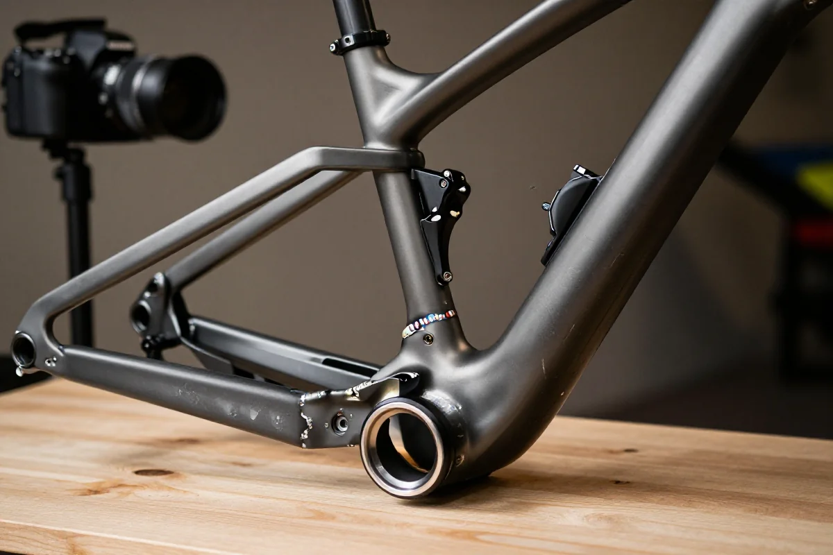 Szczegółowa inspekcja ramy roweru górskiego MTB z oznakami zużycia.