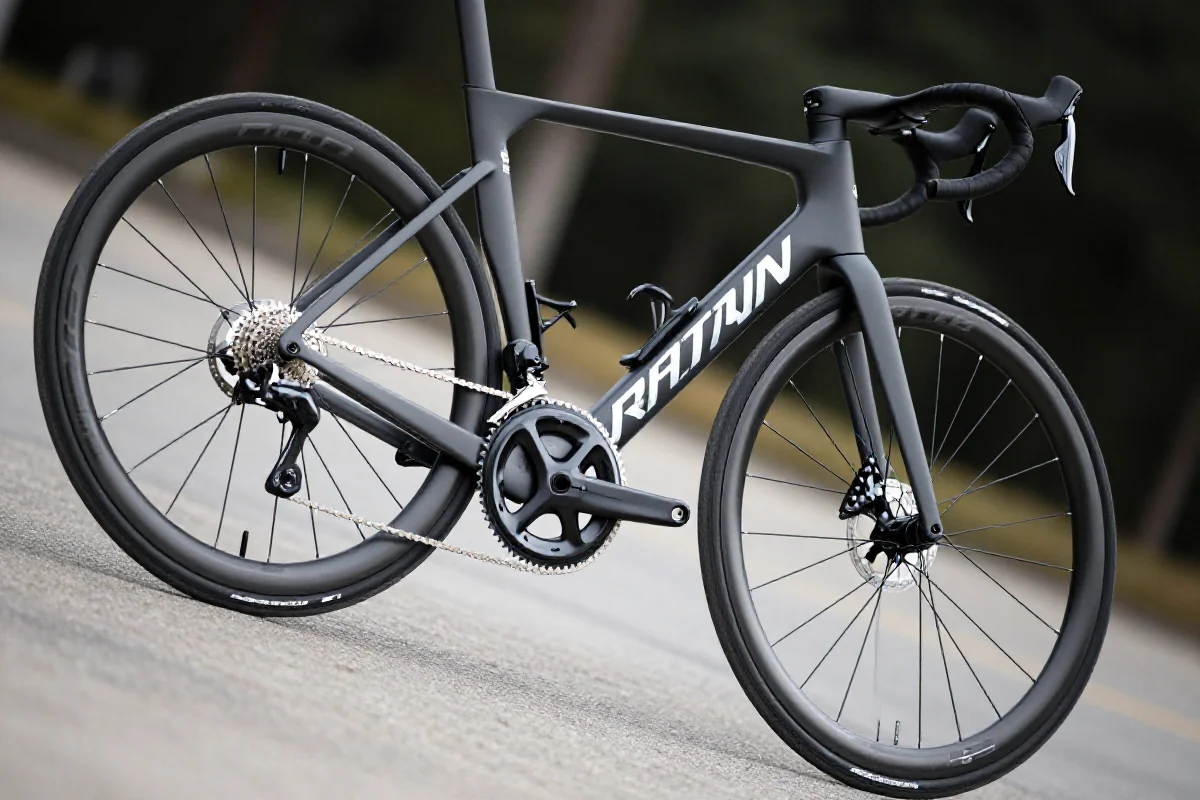 Rower szosowy na stromym podjeździe, pokazujący zaawansowane komponenty i geometrię ramy.