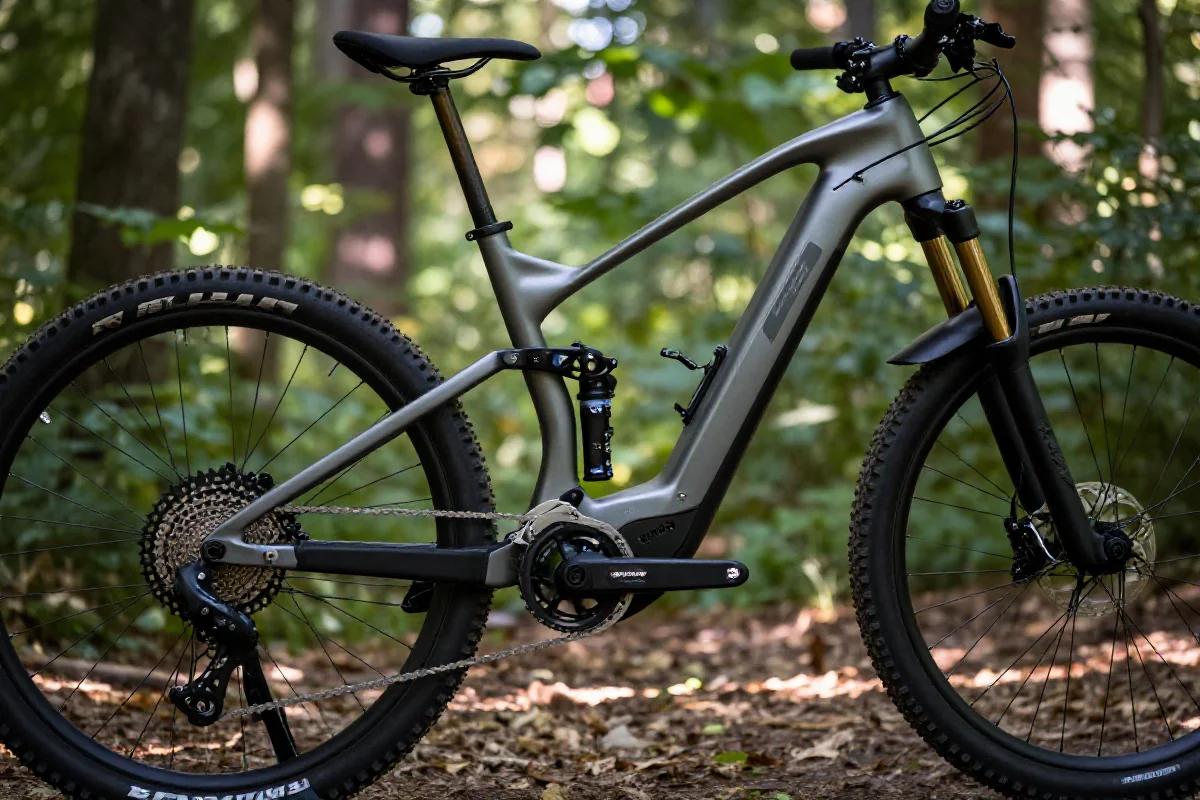 Cichy silnik w nowoczesnym rowerze elektrycznym MTB w leśnym otoczeniu.