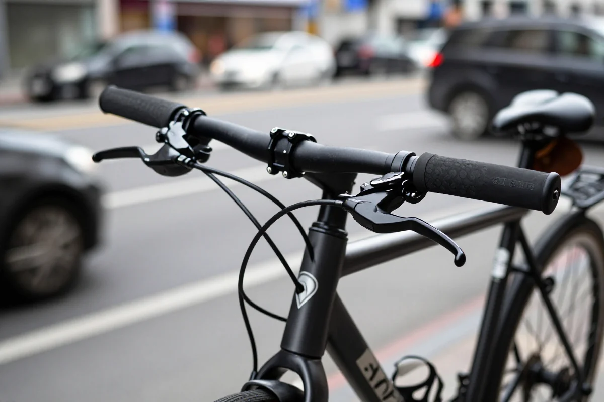 Detale kierownicy roweru w miejskim otoczeniu, podkreślające bezpieczeństwo rowerzystów.