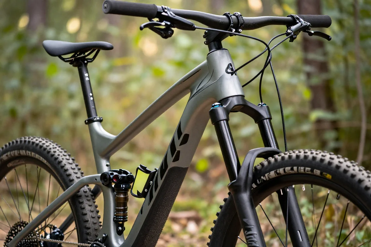 Szczegóły techniczne ramy roweru górskiego w naturalnym otoczeniu.