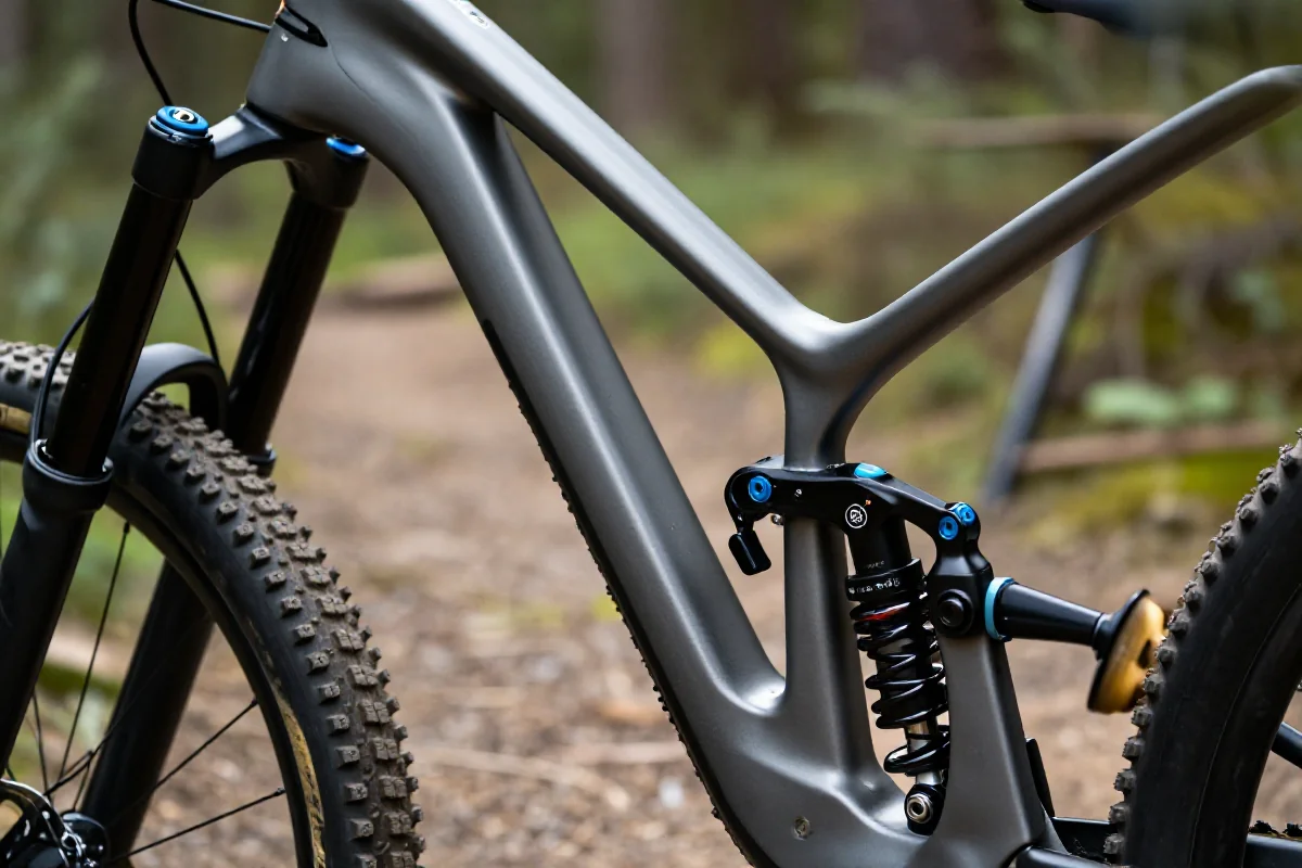 Nowoczesny rower górski z zaawansowaną geometrią ramy na leśnej ścieżce