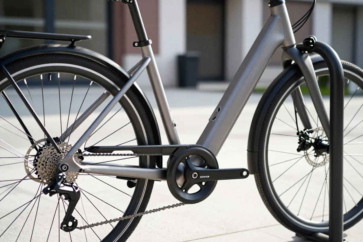 Szczegółowy widok roweru elektrycznego zabezpieczonego na parkingu rowerowym.