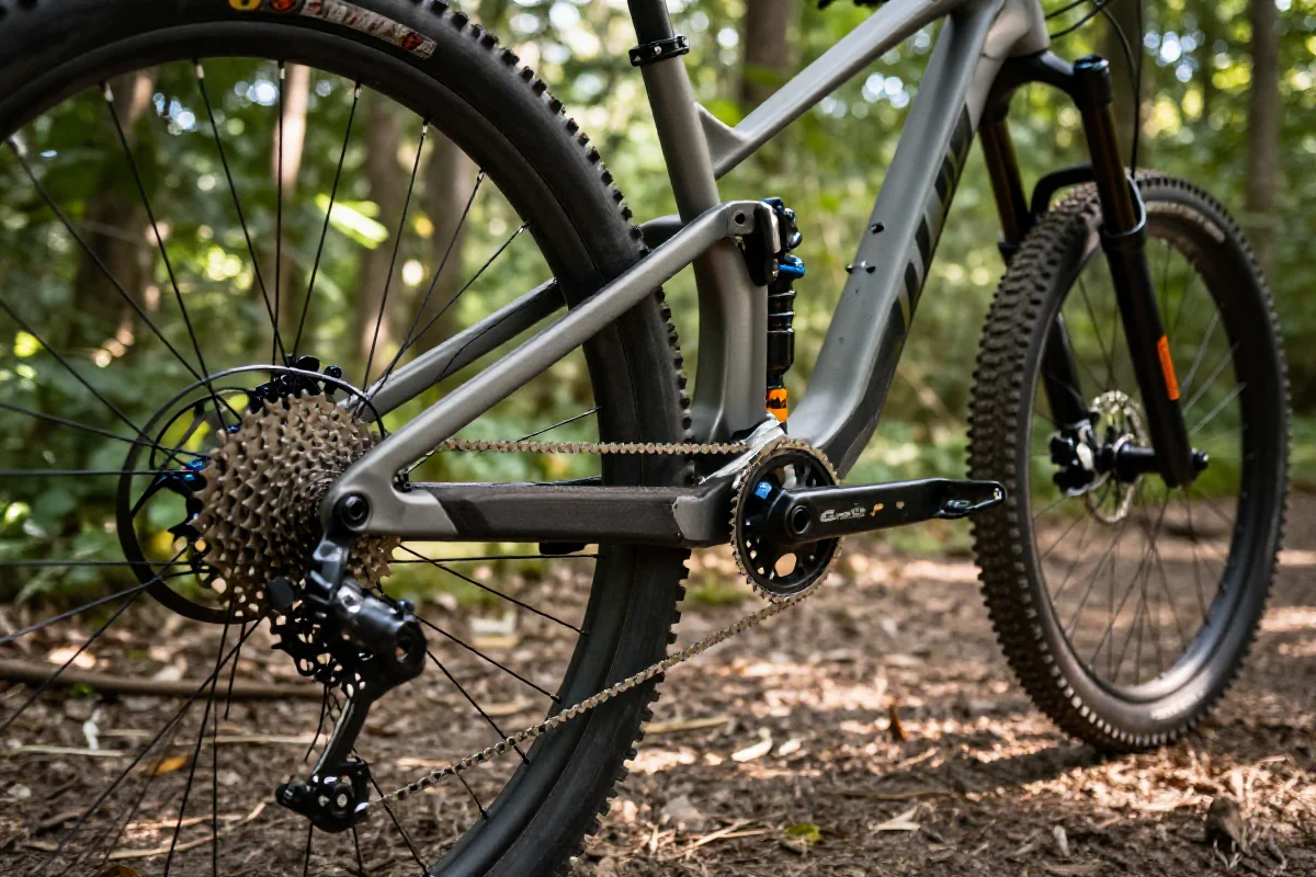 Rama roweru górskiego z detalami komponentów i oświetleniem naturalnym.