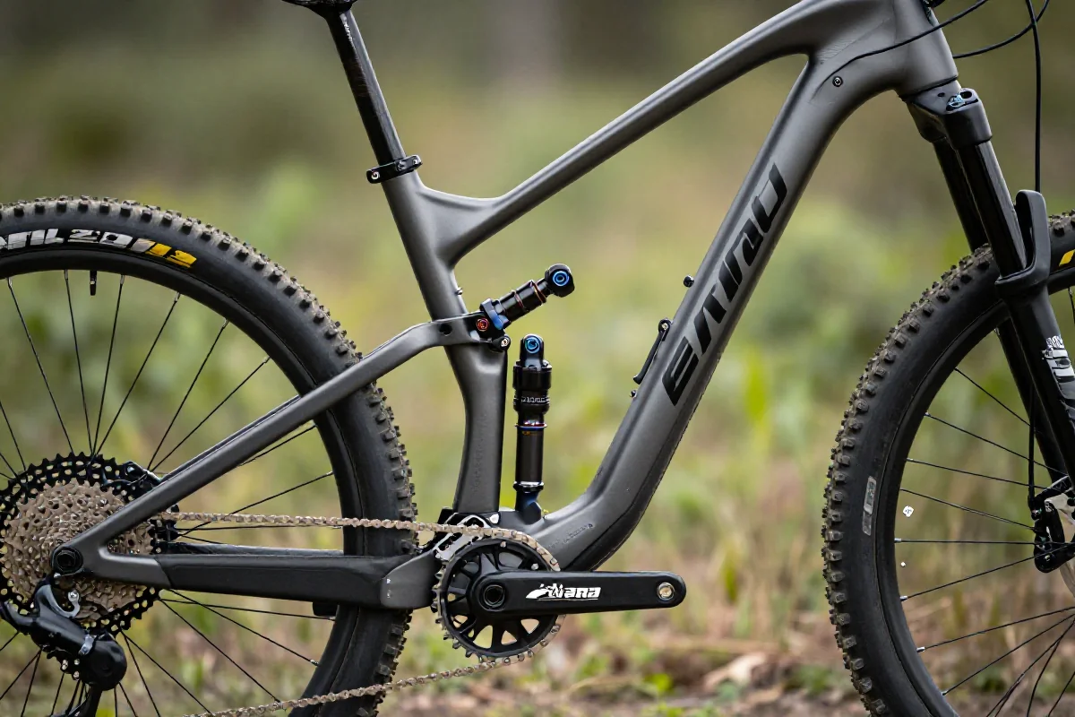 Zbliżenie na szczegóły roweru górskiego w naturalnym otoczeniu