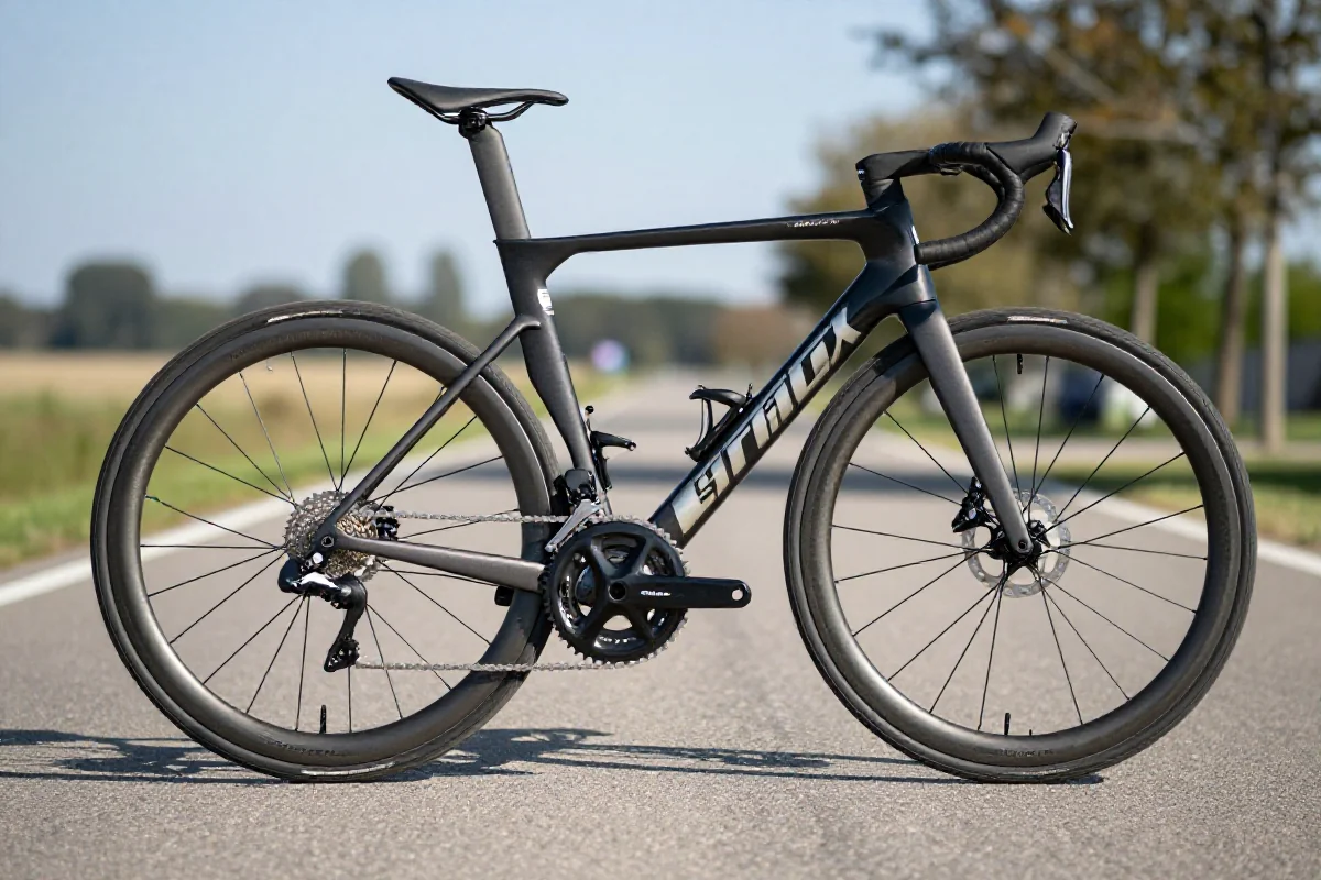 Blisko widok na wysokowydajny rower szosowy na asfalcie, z widocznymi detalami.