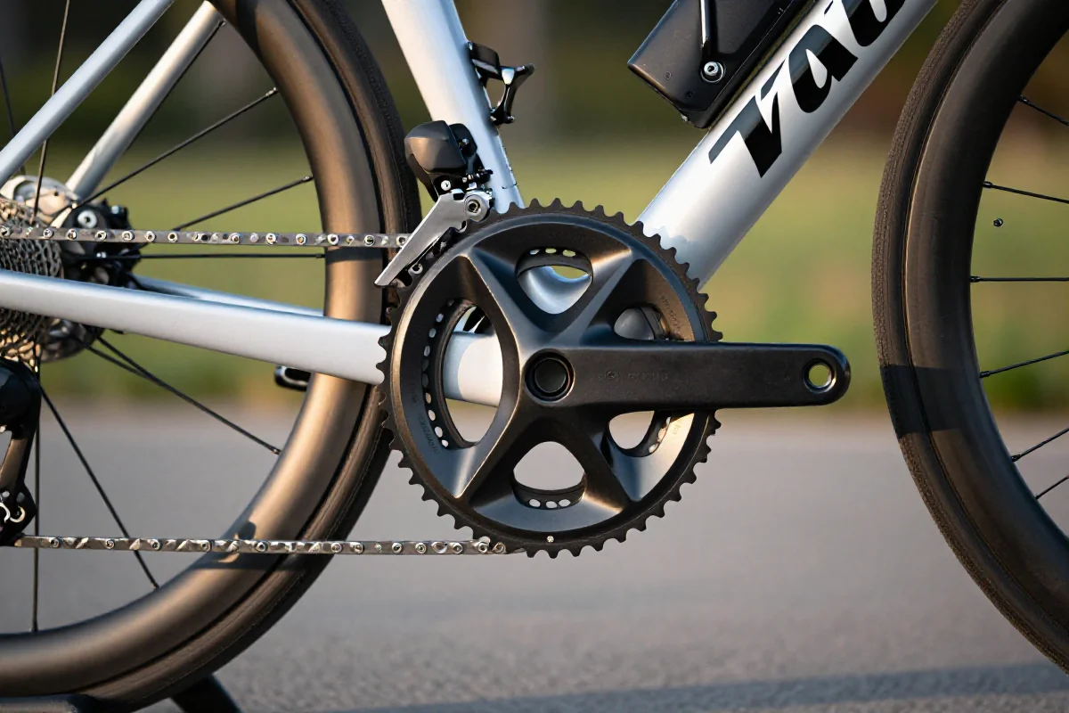 Czujnik mocy na korbie roweru szosowego, pokazujący szczegóły techniczne.