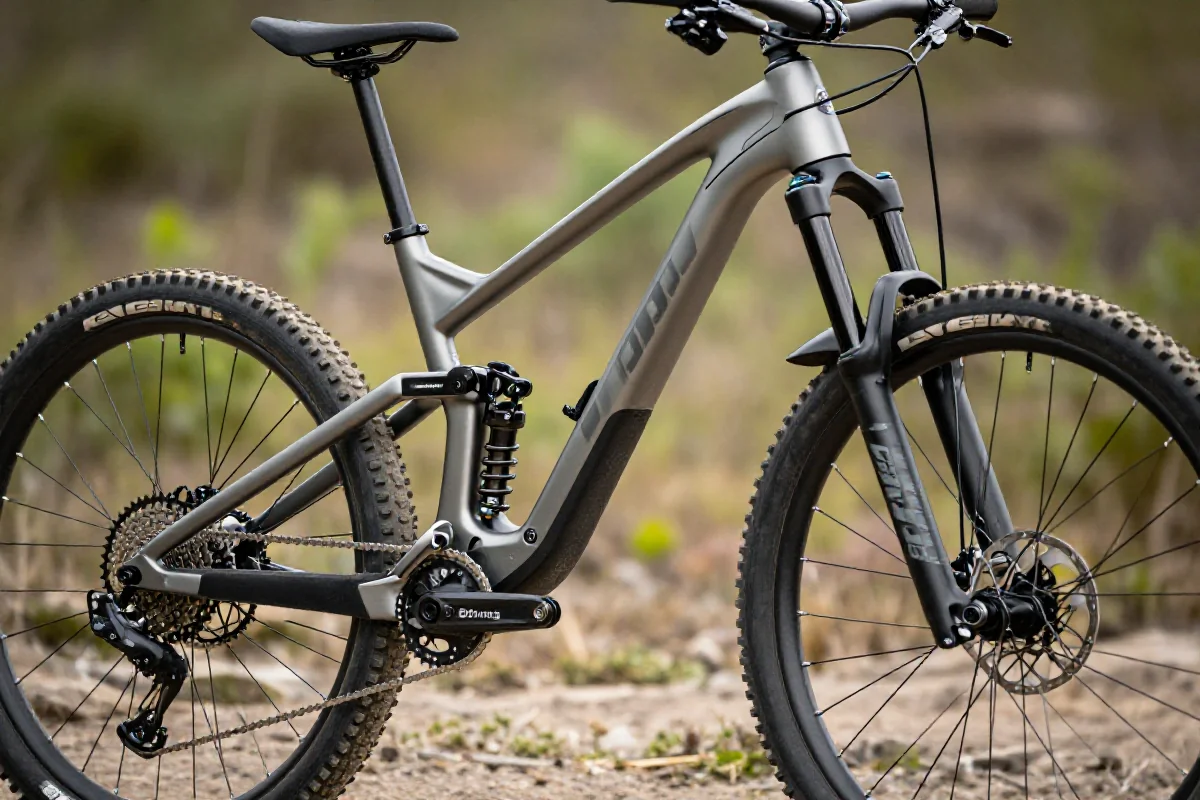 Fotografia enduro roweru górskiego w terenie, z widocznymi szczegółami technicznymi.