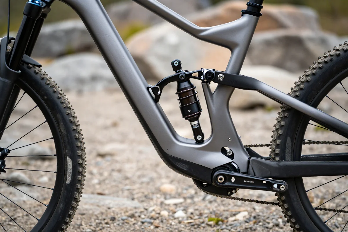 Szczegóły systemu zawieszenia roweru górskiego na kamienistym terenie