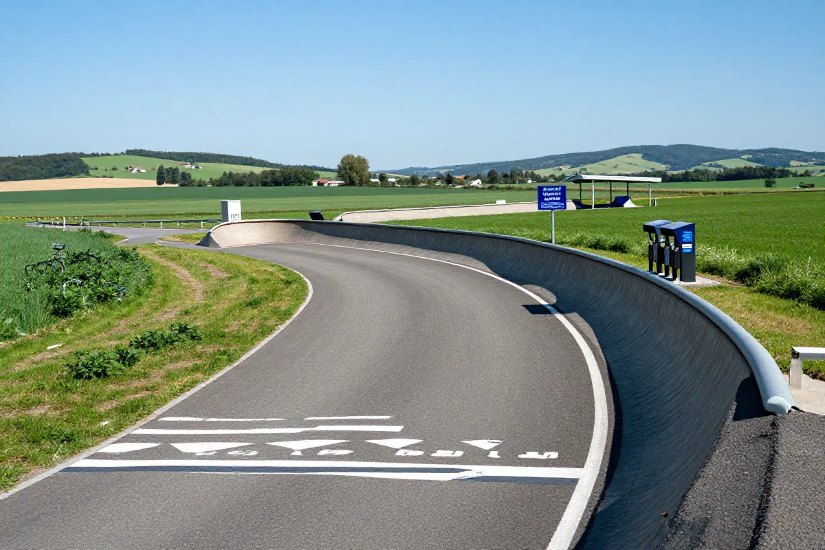 Wysokiej jakości velotracka w malowniczym krajobrazie, idealna dla początkujących rowerzystów.