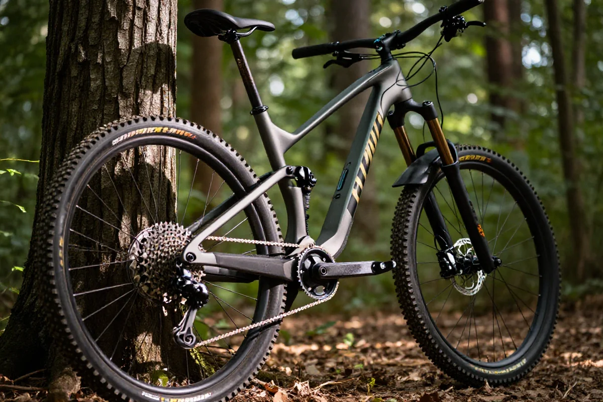 Rower górski w lesie, idealny do planowania tras MTB.