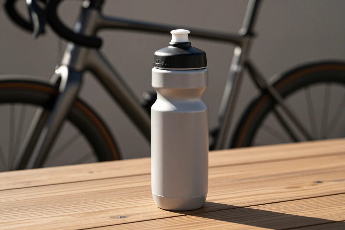 Nowoczesny bidon rowerowy na drewnianym stole w słonecznym otoczeniu.