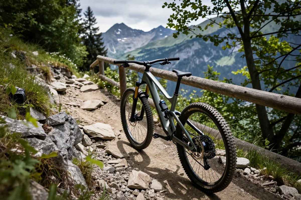 Widok na trasę downhill w Alpach Francuskich z rowerem górskim