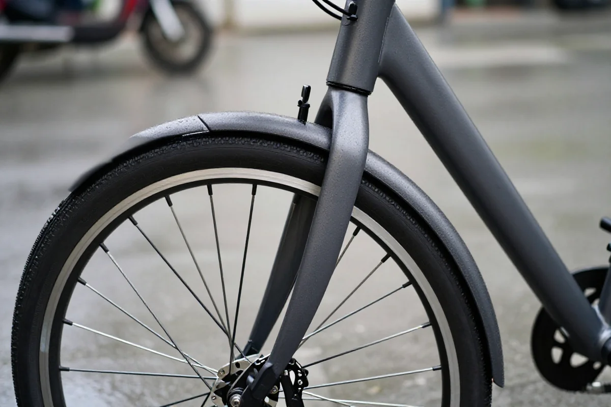 Błotnik rowerowy na miejskim rowerze, chroniący przed błotem i wodą.