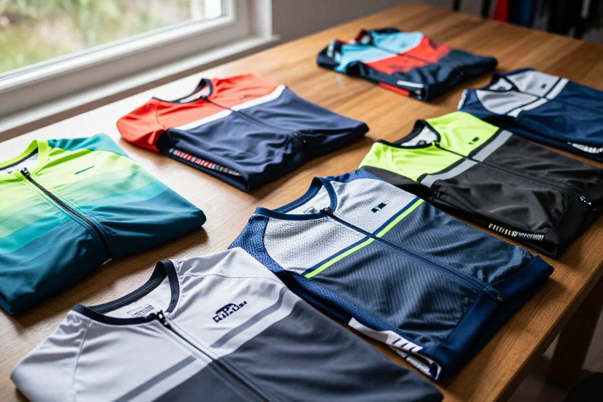 Zbliżenie na budżetowe koszulki letnie do jazdy na rowerze, różnorodne kolory i wzory.