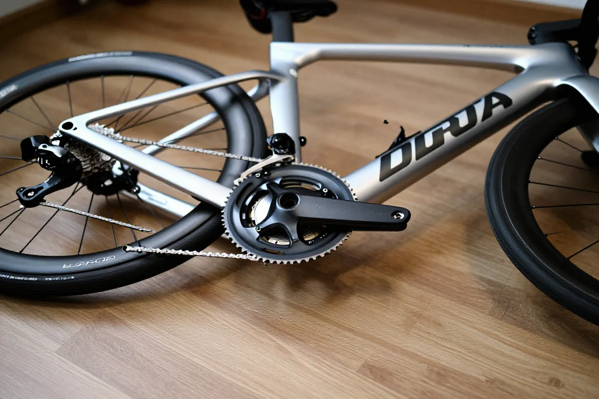 Szczegółowa fotografia roweru szosowego z widocznymi komponentami analizy danych.