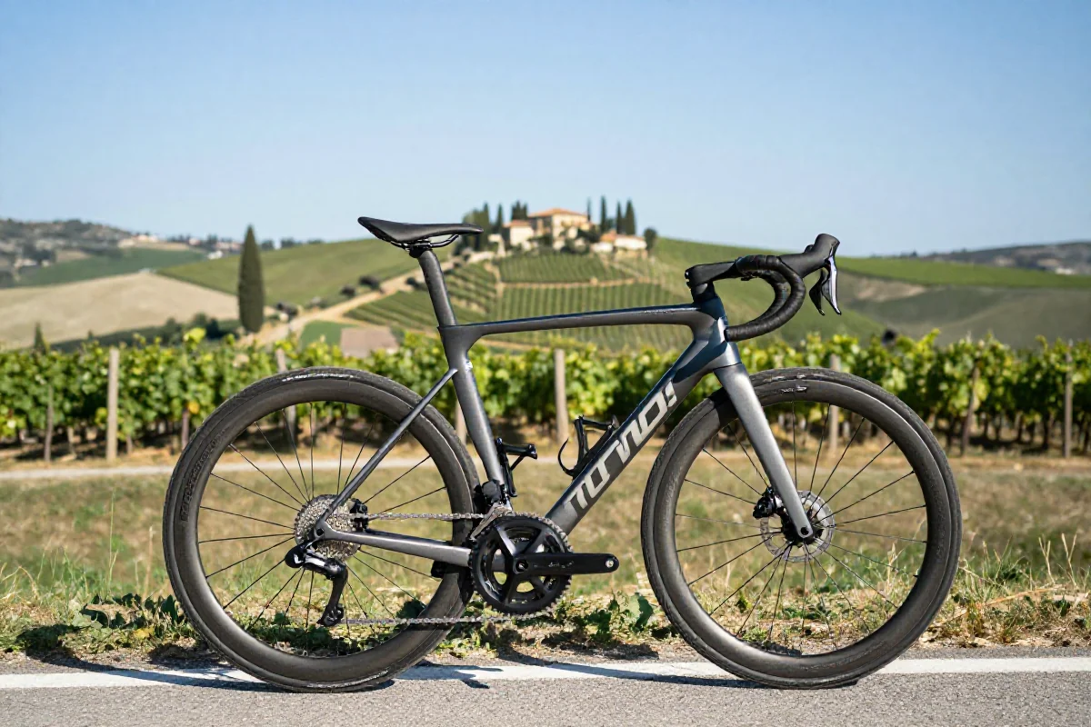 Malownicza trasa rowerowa w Toskanii z nowoczesnym rowerem szosowym.
