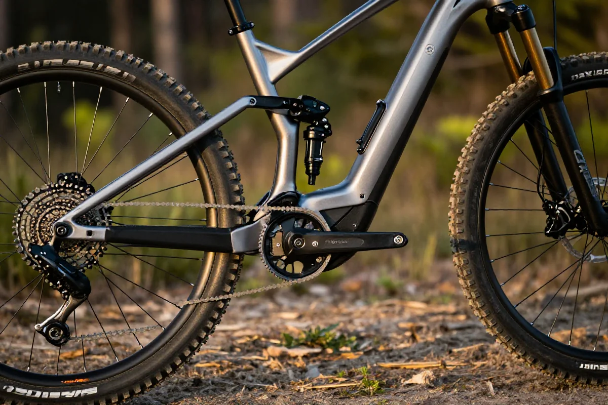 Rower elektryczny górski w naturalnym otoczeniu, idealny dla początkujących kolarzy.