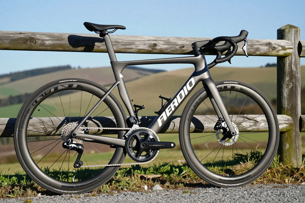 Zbliżenie na wyścigowy rower szosowy na tle malowniczej wiejskiej scenerii.