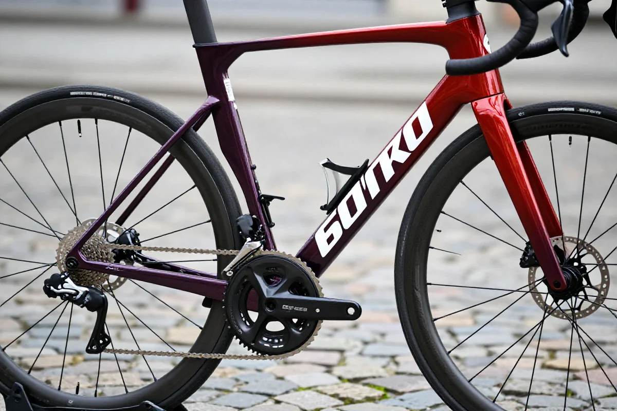 Szczegóły roweru szosowego na warszawskiej ulicy, promującego kolarstwo.