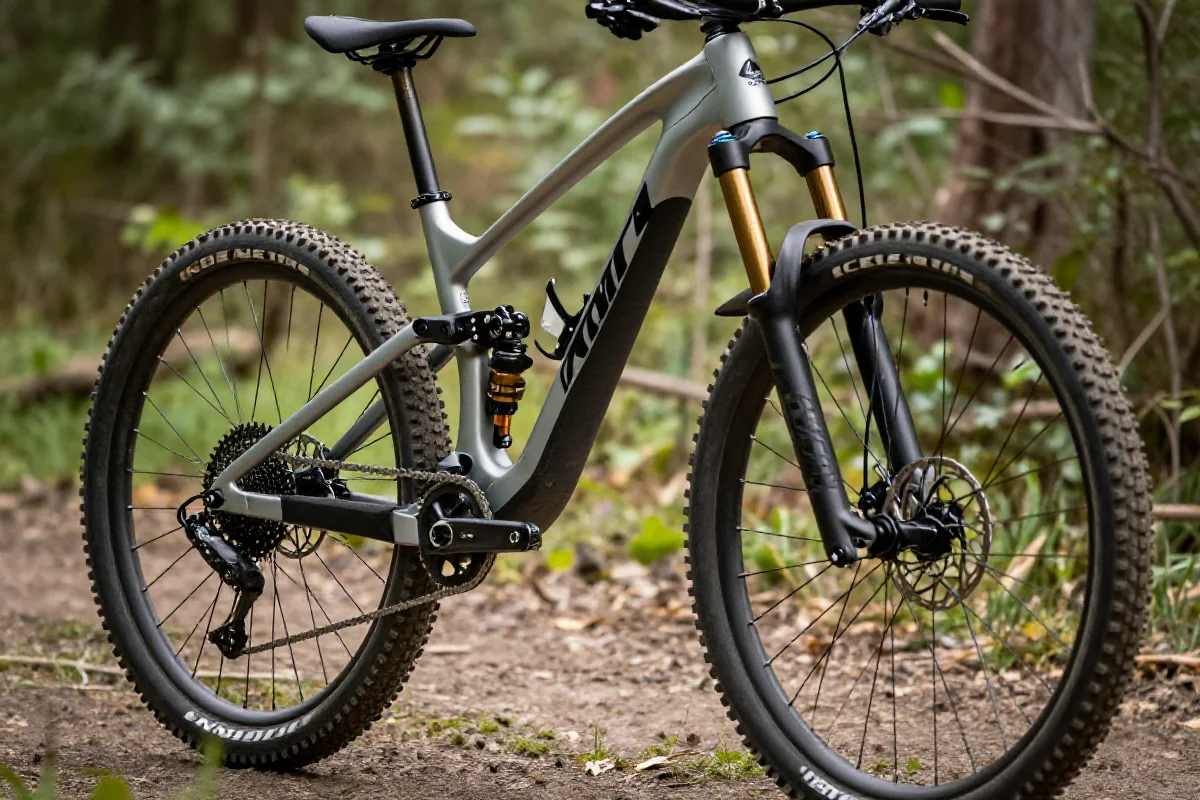 Nowoczesny rower trailowy na leśnej ścieżce, ukazujący jego geometrię ramy.