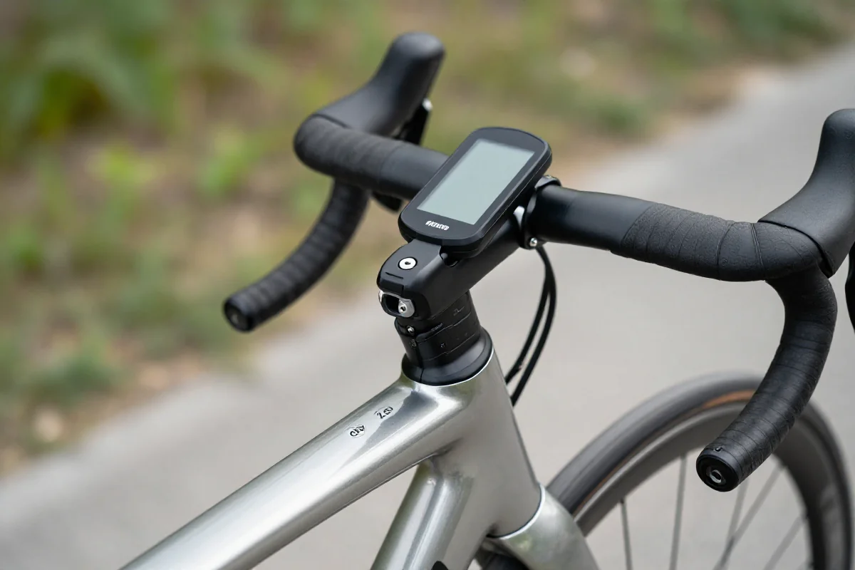 Licznik rowerowy na kierownicy nowoczesnego roweru szosowego, idealny dla początkujących.