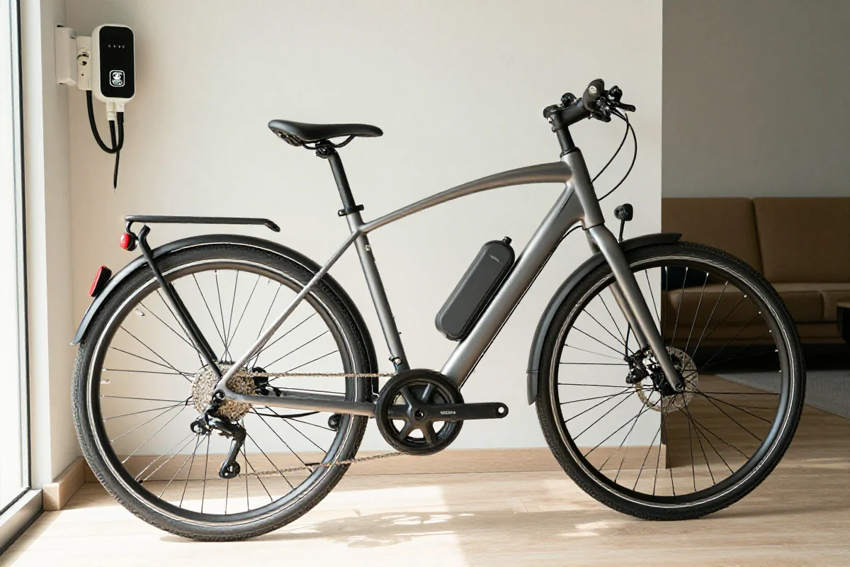 E-bike w bezpiecznym miejscu ładowania w domu, akumulator i ładowarka widoczne.