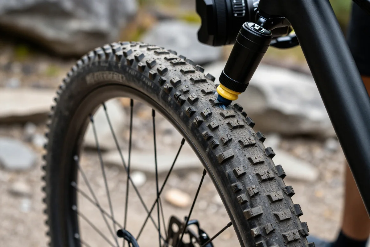 Szczegółowe ujęcie opony rowerowej MTB z mleczkiem tubeless na szlaku