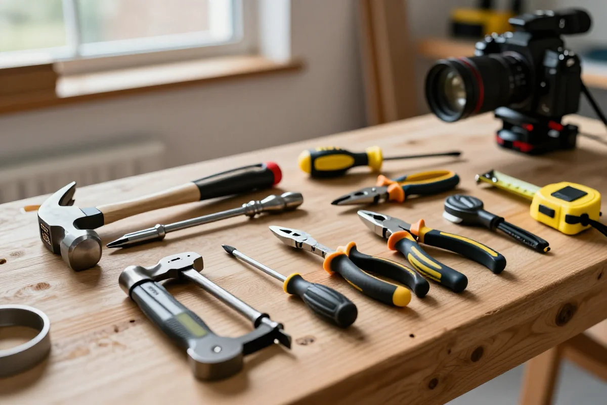 Zestaw narzędzi dla początkujących na drewnianym warsztacie