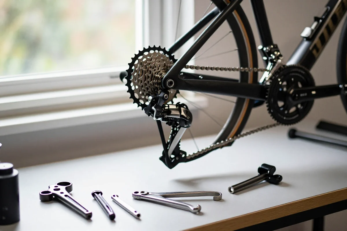 Narzędzia do konserwacji układu napędowego roweru miejskiego na warsztacie