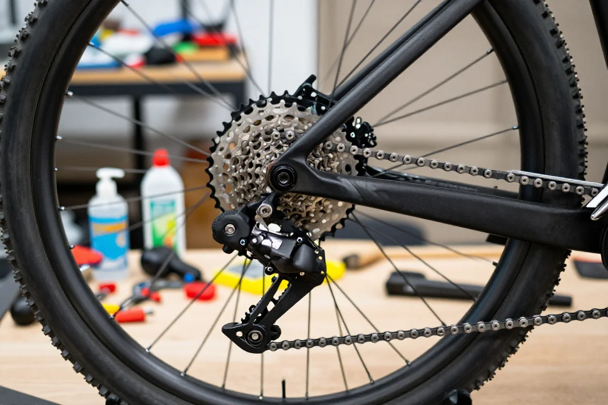 Zbliżenie na napęd roweru górskiego z odtłuszczaczem do napędu MTB.