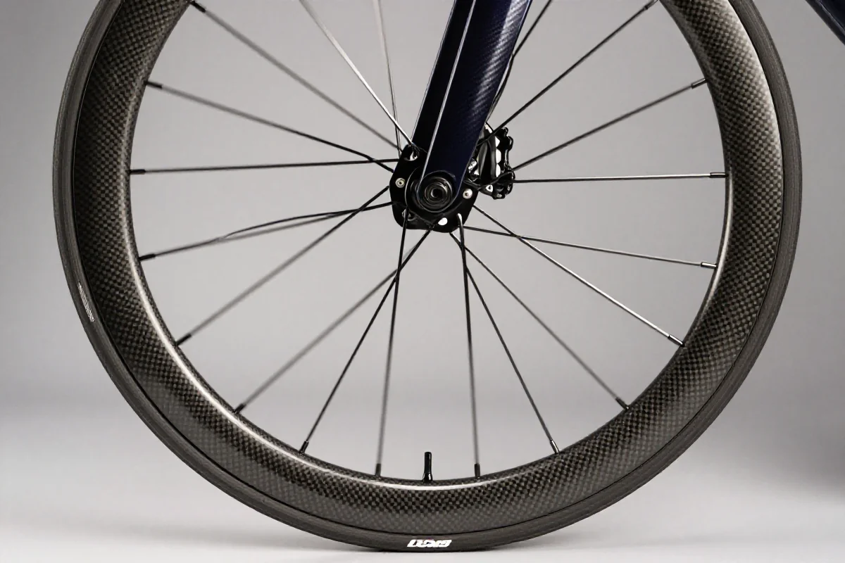 Wysokiej jakości koło rowerowe z włókna węglowego, doskonałe dla aerodynamiki.