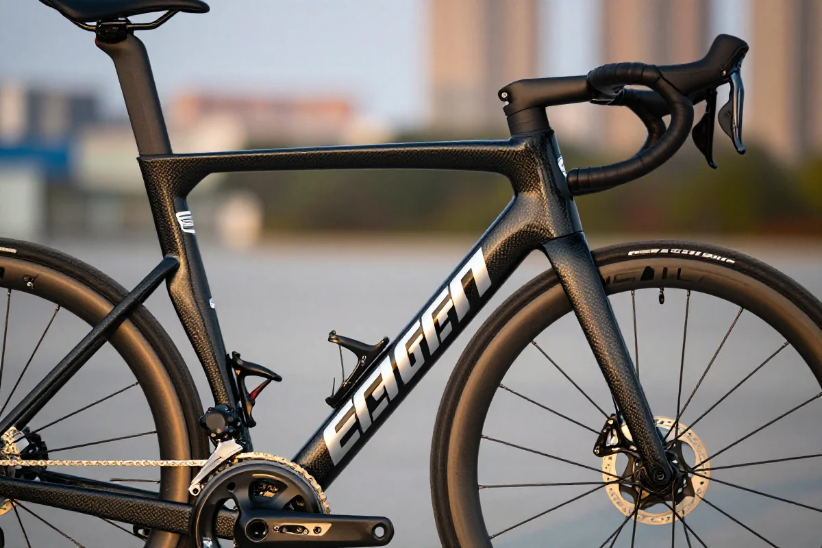 Szosowy rower z aerodynamiczną ramą i nowoczesnymi komponentami.