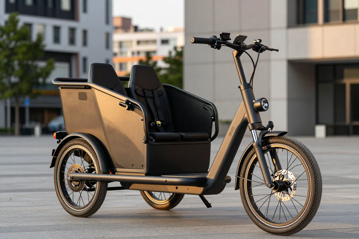 Nowoczesny rower cargo elektryczny dla rodziny z dziećmi w miejskim otoczeniu.