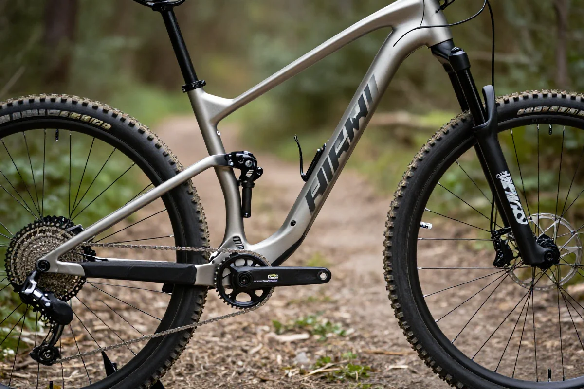 Nowoczesny rower górski z ramą aluminiową i hydraulicznymi hamulcami tarczowymi.