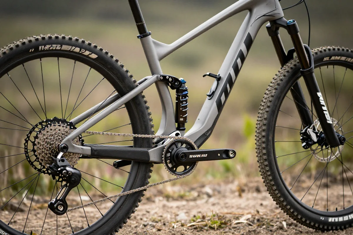 Rower trail MTB z nowoczesnym zawieszeniem i napędem 1x12 na tle przyrody.